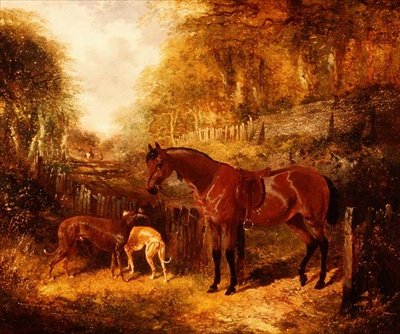 Osedlaný hnědý poník a chrti v zalesněné říční krajině od John Frederick Herring Jnr