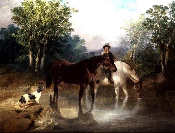 Dva koně, muž a pes u potoka od John Frederick Herring Jnr