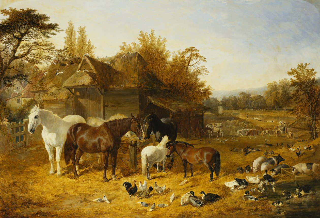 Hospodářský dvůr s koňmi a poníky, Berkshire, sedloví hřbeti, krátkorohý skot Alderney, bantamy, kachna divoká a perlička, s venkovským sídlem u řeky v dálce, 1853 od John Frederick Herring Senior