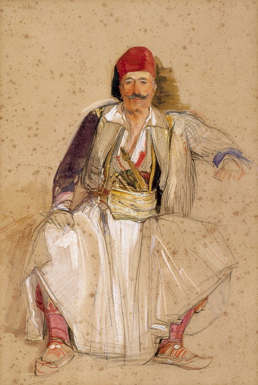 Sedící válečník Corfiote (akvarel přes tužku na špinavě bílém papíře) od John Frederick Lewis