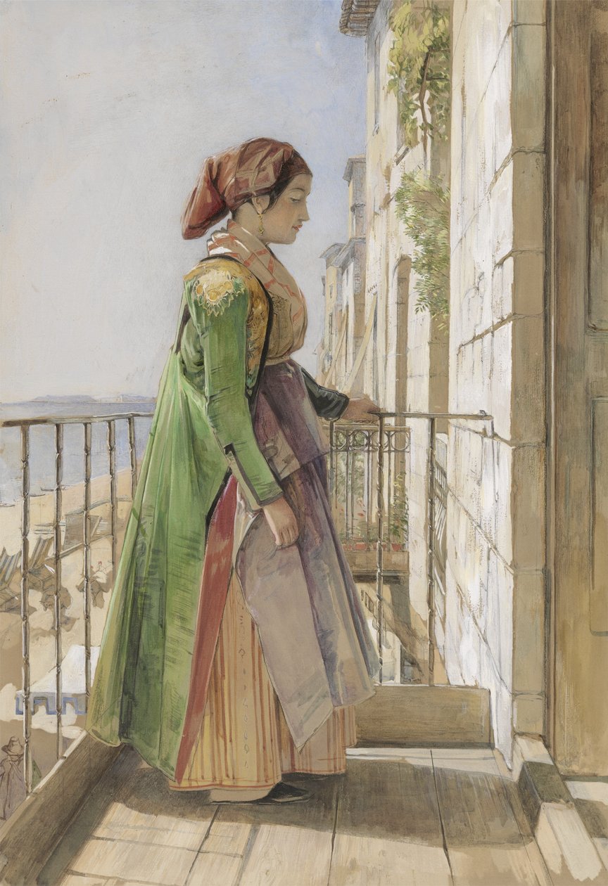 Řecká dívka stojící na balkóně, cca 1840 (akvarel a kvaš přes grafit na papíře) od John Frederick Lewis