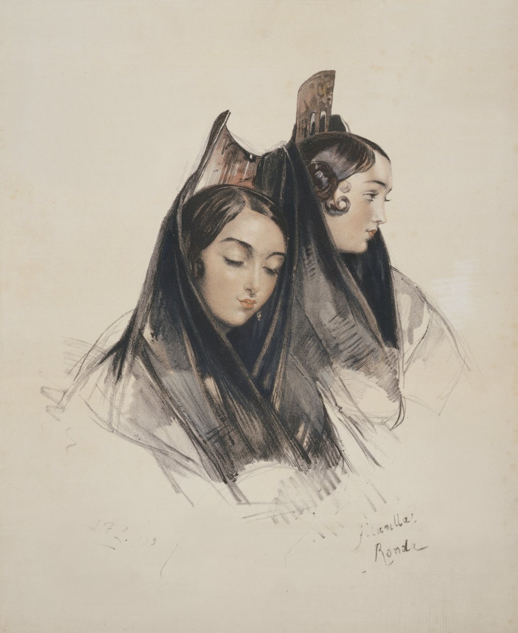 Girls of the Ronda, Andalusia, deska 11 ze Sketches of Spain, rytina Charlese Josepha Hullmandela (1789-1850) vydáno 1836 od John Frederick Lewis