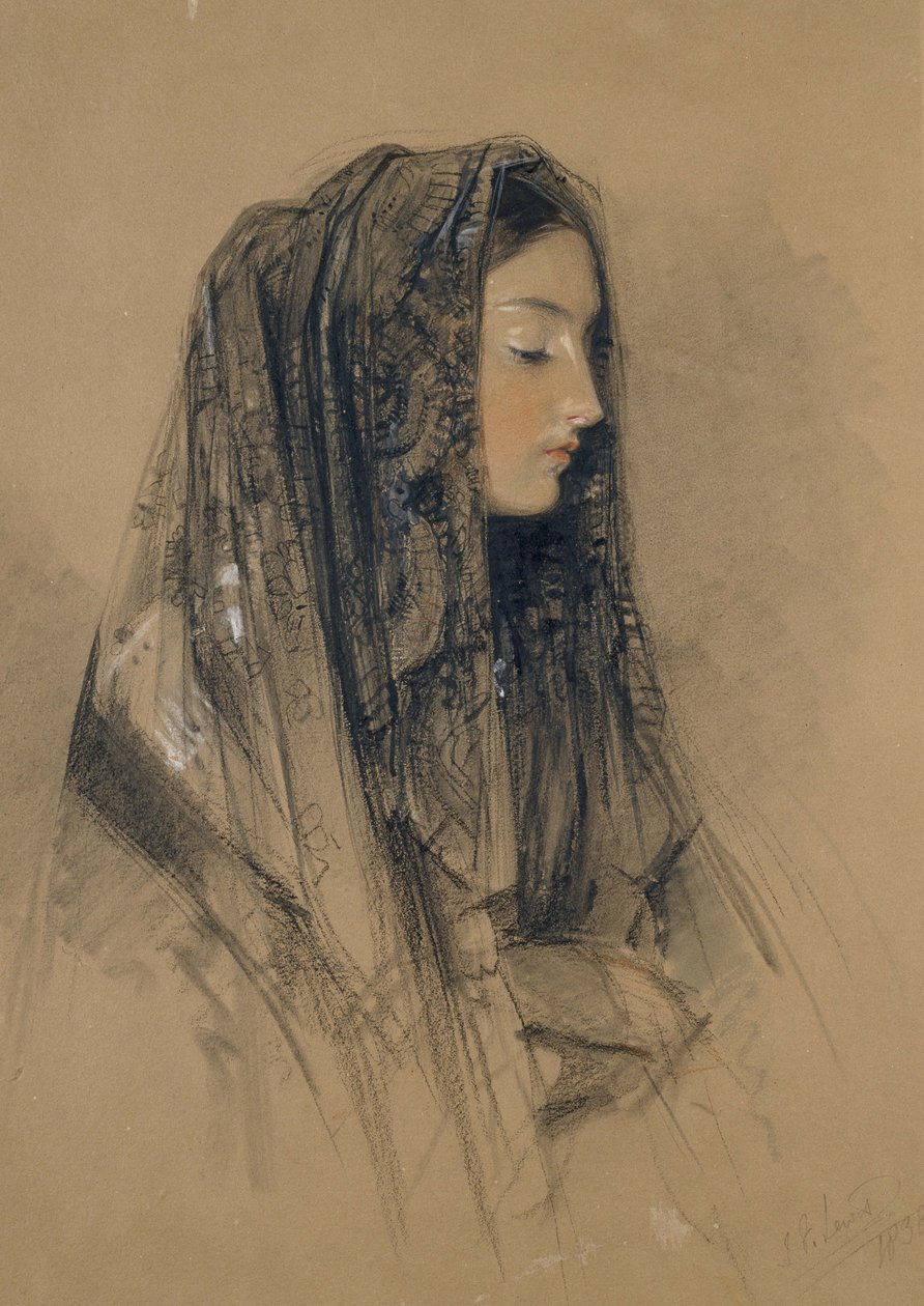 Hlava italské dívky v mantille, 1838 (červená a černá křída a indický inkoust s akvarely a tělovými barvami na žlutohnědé desce) od John Frederick Lewis