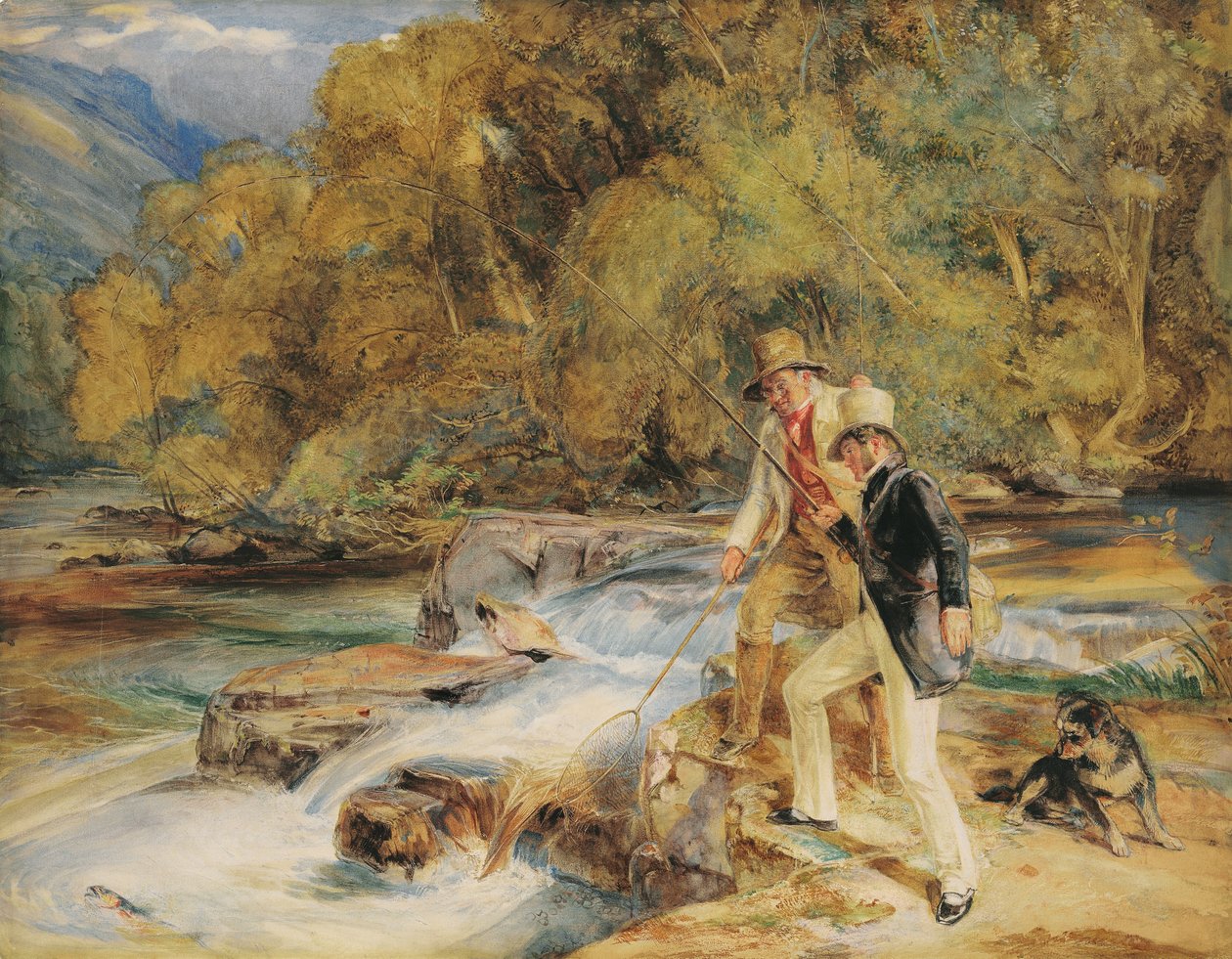 Sir Edwin Landseer, R.A. s ghillie lovící lososy, možná na řece Dart, poblíž Holne, Devon (tužka a w/c s arabskou gumou a tělovou barvou a škrábáním na papíře) od John Frederick Lewis
