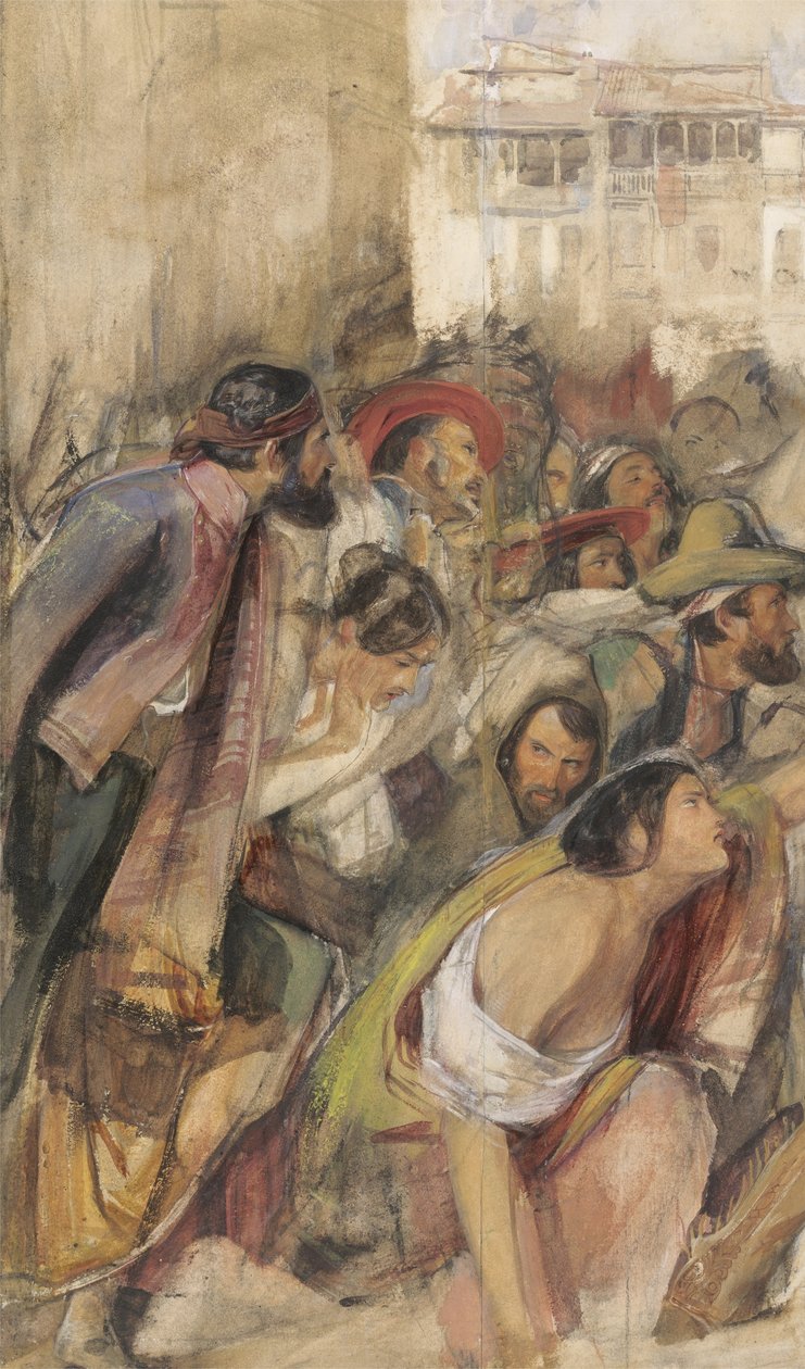 Studie k proklamaci Dona Carlose, kolem 1834-28 (bez barvy a tělové barvy na papíře křídou a tužkou) od John Frederick Lewis