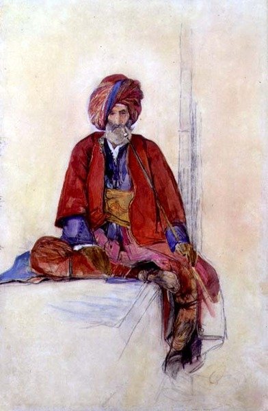 Studie sedícího Turka kouřícího dlouhou dýmku, kolem roku 1841 (křída, akvarel a kvaš) od John Frederick Lewis