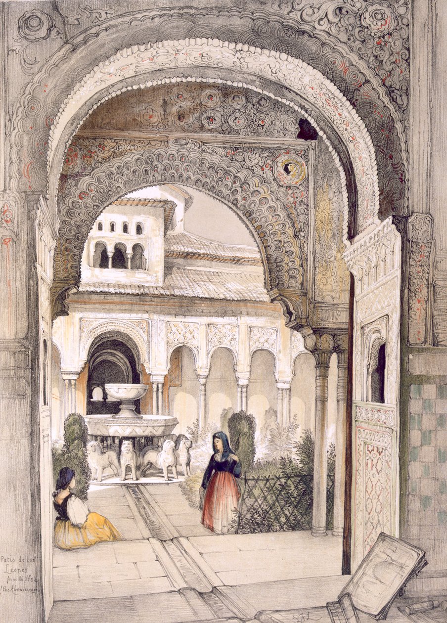 Lví fontána ze sálu Abencerrajes, z knihy "Sketches and Drawings of the Alhambra", rytina Williama Gauciho (fl.1825-54) od John Frederick Lewis