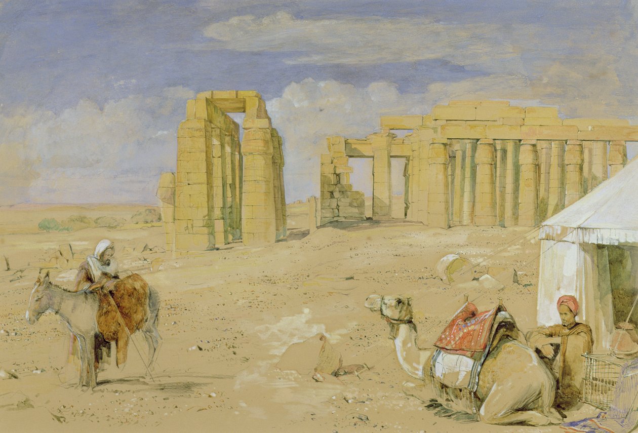 Ramesseum v Thébách, kolem roku 1850 (akvarel, kvaš, dřevěné uhlí a křída na papíře) od John Frederick Lewis