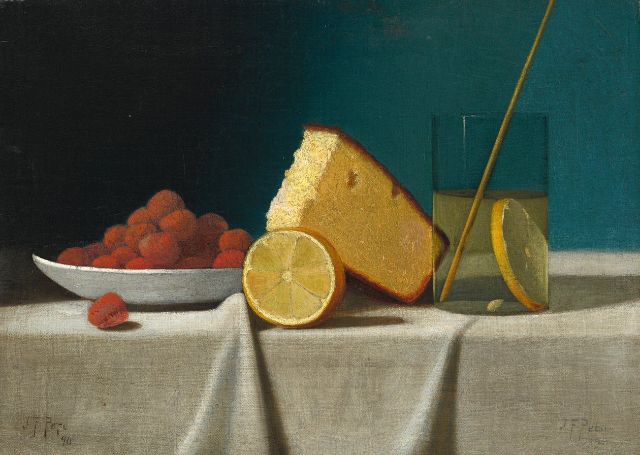 Zátiší s dortem, citronem, jahodami a sklem, 1890. od John Frederick Peto