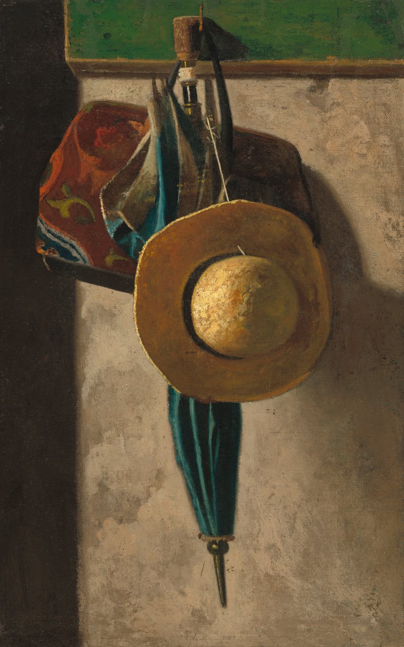 Slaměný klobouk, taška a deštník, cca 1900 (olej na látce přenesené z plátna) od John Frederick Peto