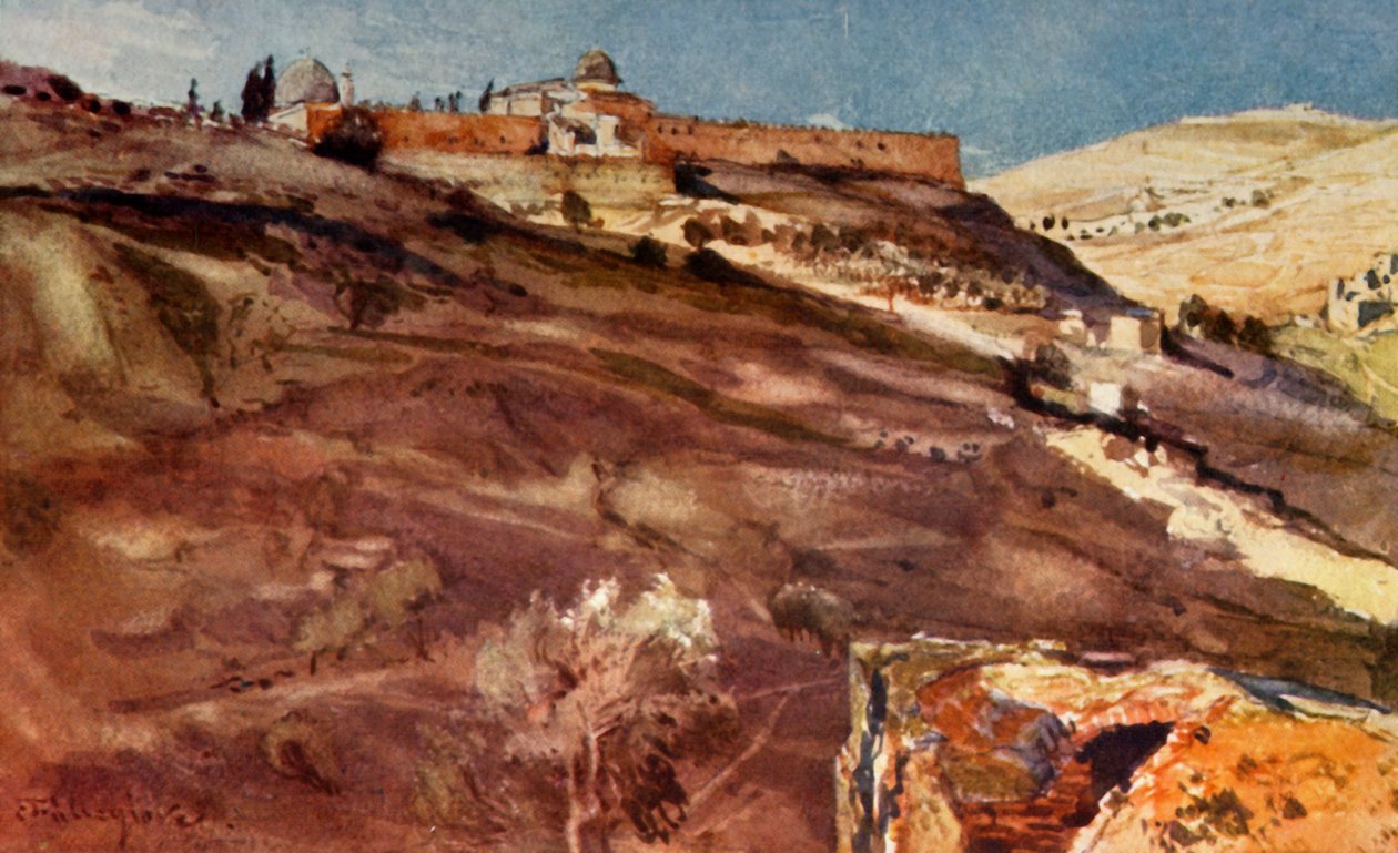 Jeruzalém. - Jižní zeď oblasti chrámu, z údolí Hinnom, při západu slunce, 1902. od John Fulleylove