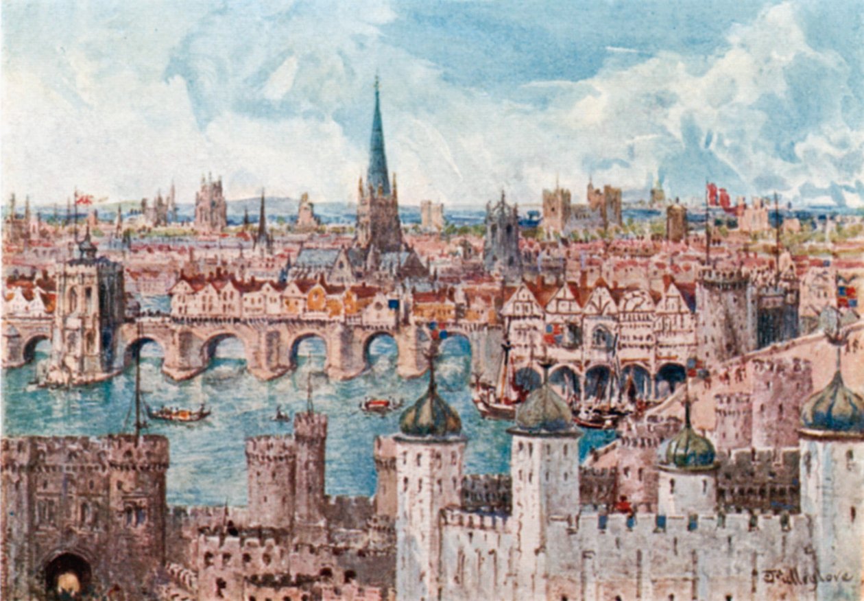 Old London Bridge v roce 1386 (barevná litografie) od John Fulleylove