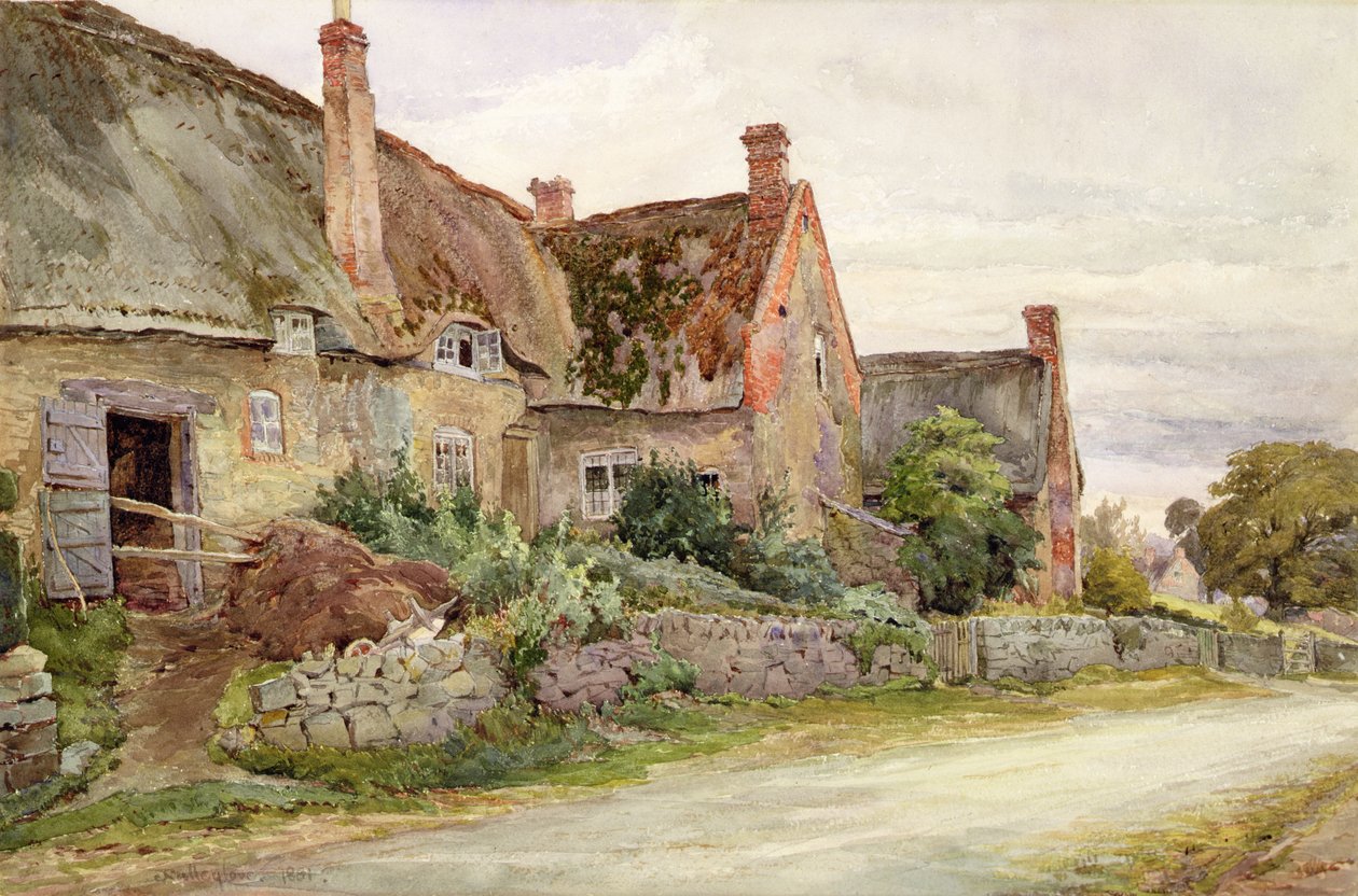 Roubená chalupa s přilehlou stodolou, 1881 (čb a grafit na papíře) od John Fulleylove