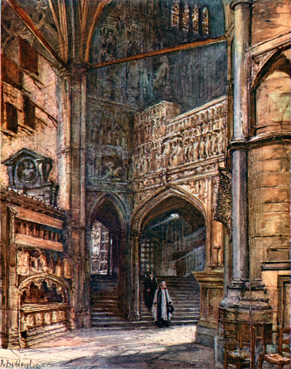 Severní ambit, schody vedoucí do kaple Jindřicha VII. (barevná litografie) od John Fulleylove