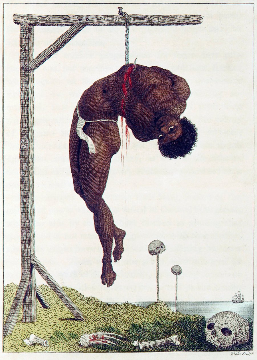 Černoch visel zaživa za žebra do hospody na šibenici. 1796. od John Gabriel Stedman
