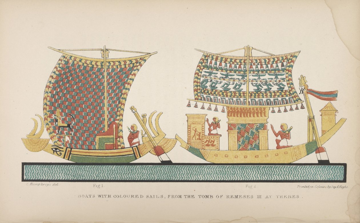 Lodě s barevnými plachtami, z hrobky Ramsese III v Thébách, ilustrace z "Mýry a zvyky starých Egypťanů...", 1837-41 od John Gardner Wilkinson