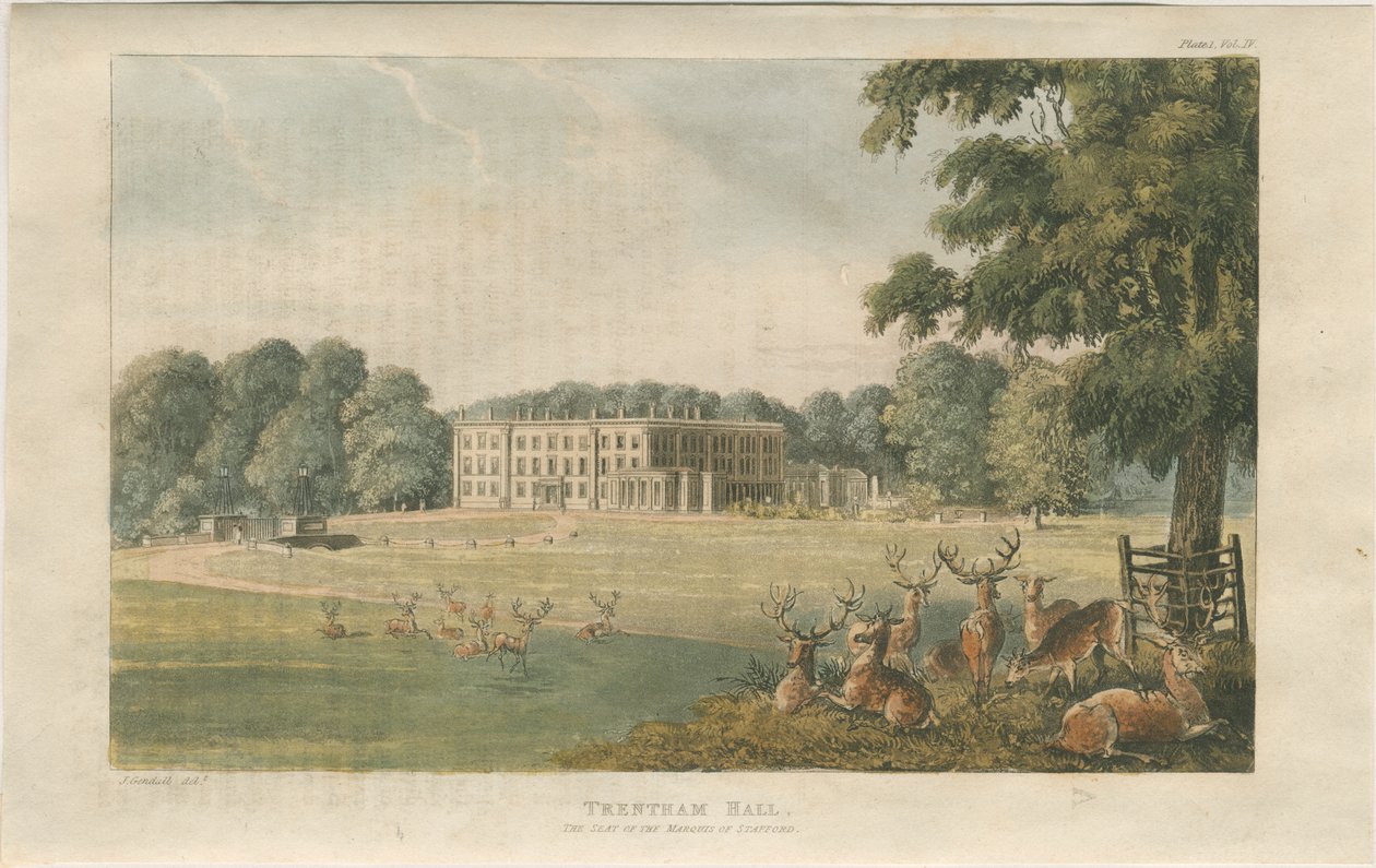 Trentham Hall: barevná litografie, nd [c 1824] (tisk) od John Gendall