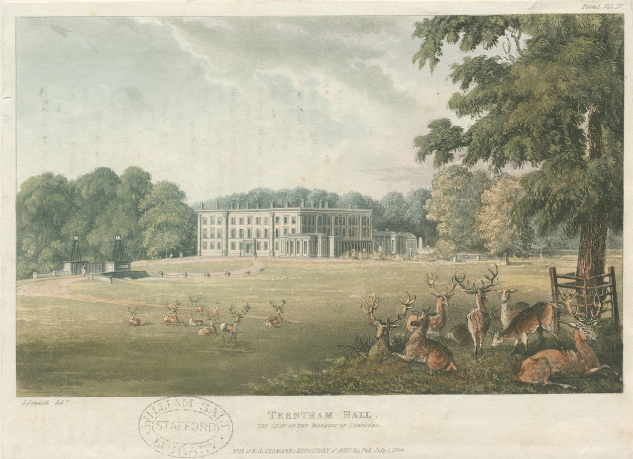 Trentham Hall: barevná litografie, nd [c 1824] (tisk) od John Gendall
