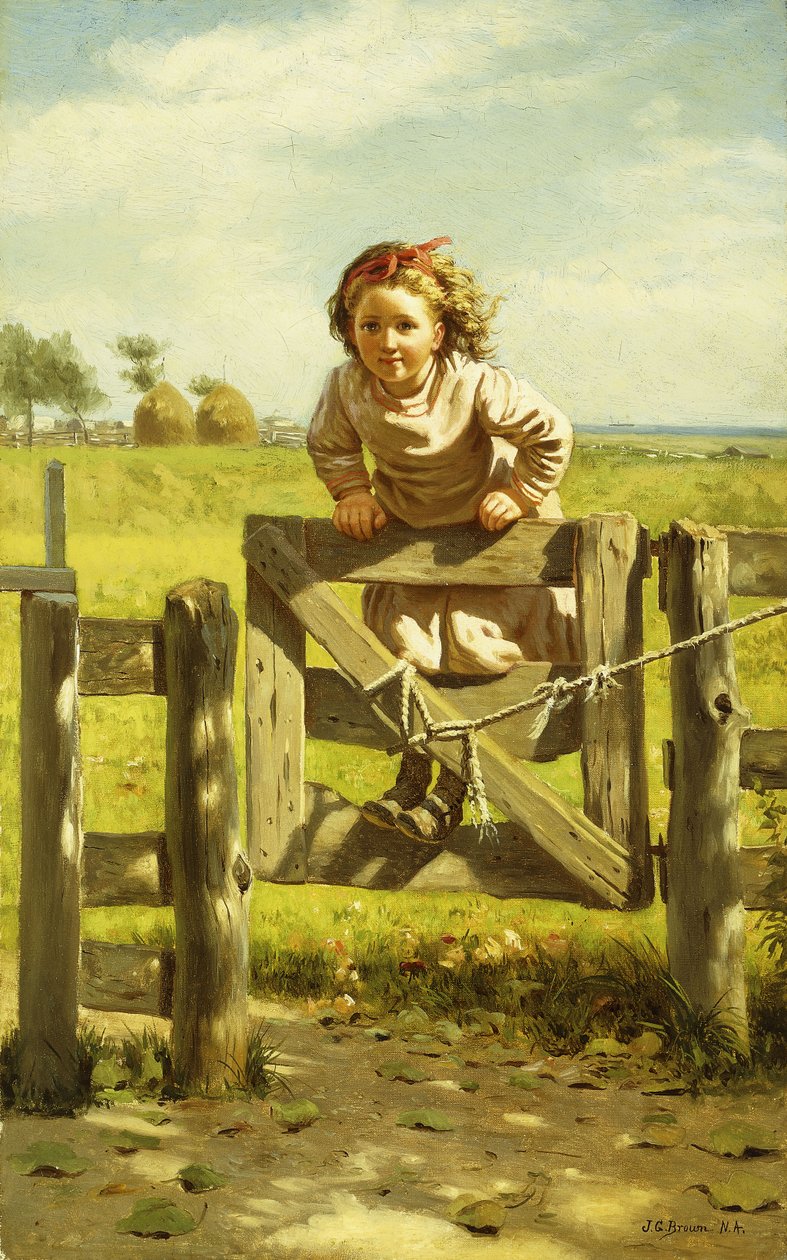 Mladá dívka houpající se na bráně, od John George Brown
