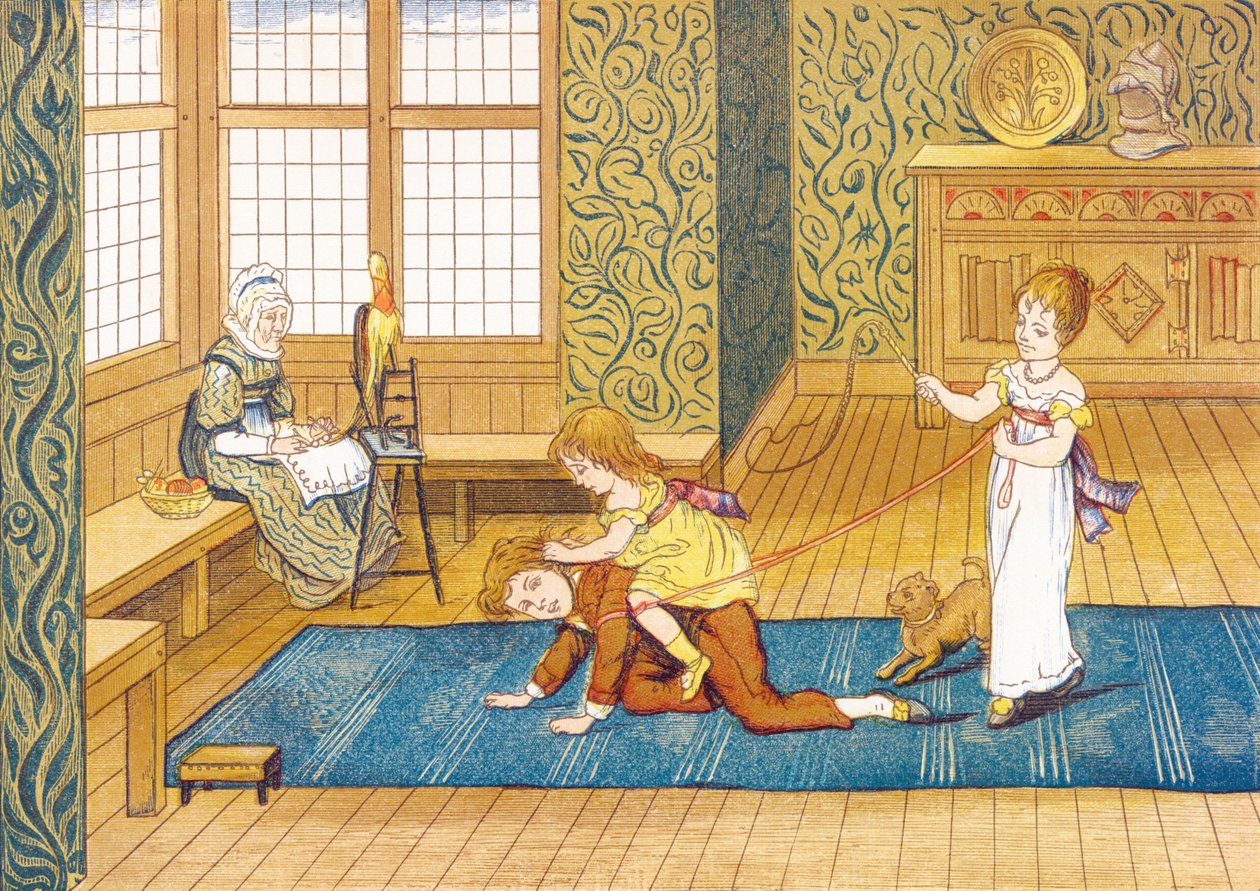 Čas na hraní - čas na hru, tři děti si hrají, nejmladší jede na zádech svého bratra, nejmladší jede na zádech svého bratra, připoutaná k sobům, které drží její sestra, v obývacím pokoji, poblíž babičky, která spřádá vlnu - úryvek z filmu Odpoledne s tebou. od John George & Emmerson Henry Hetherington (1831 1895) Sowerby