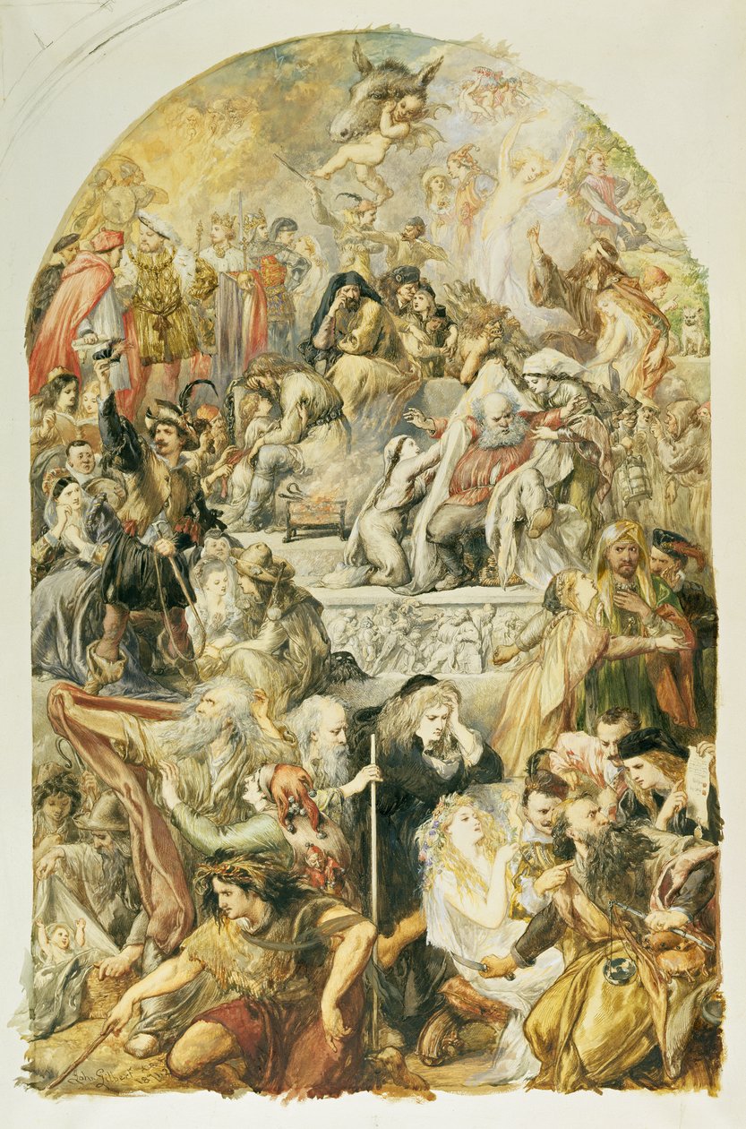 Apoteóza Shakespearových postav, 1871 (čb a bodycolor na paspartovaném papíře) od John Gilbert