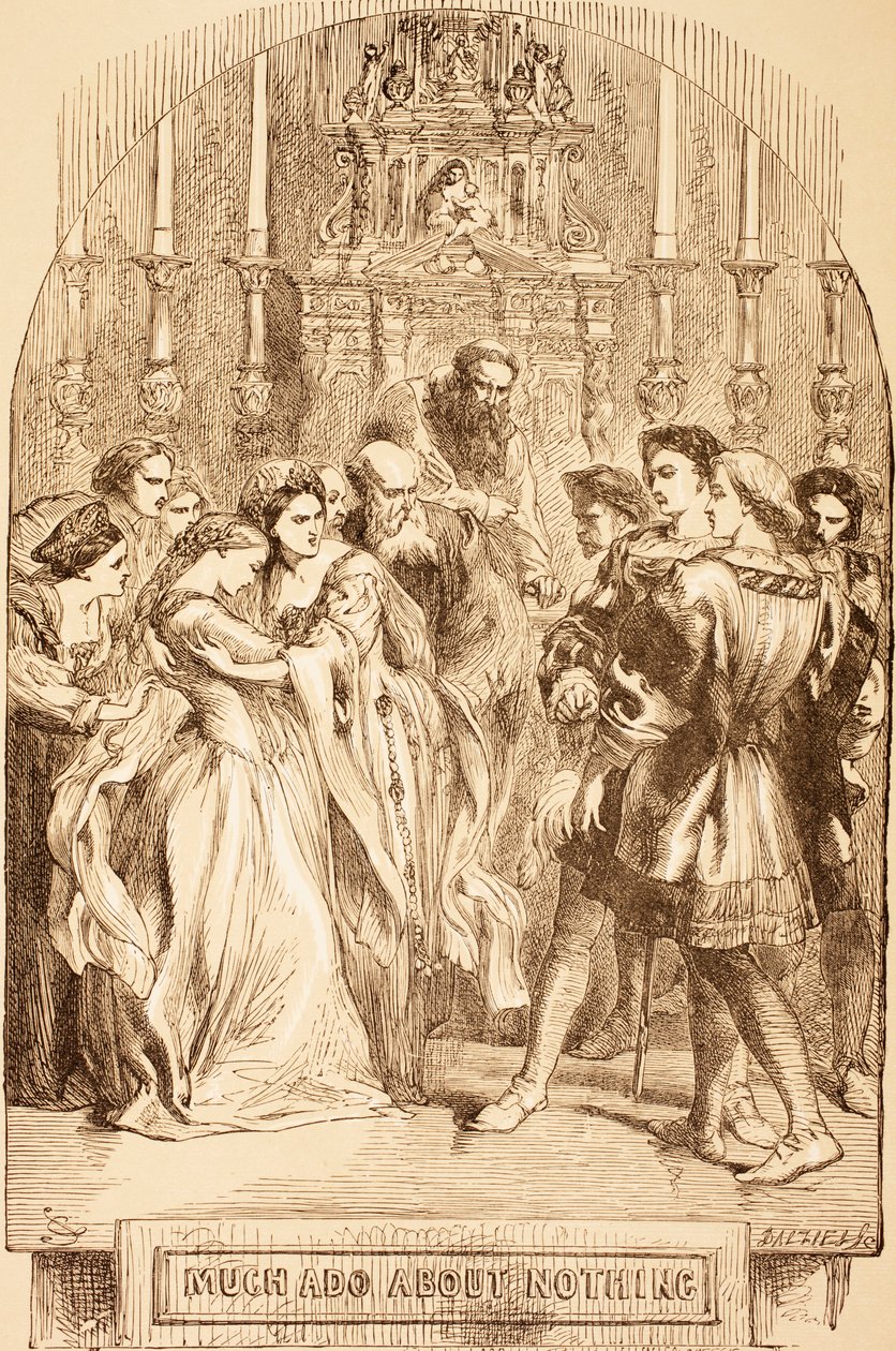 Ilustrace pro mnoho povyku pro nic z „The Illustrated Library Shakespeare“, vydané v Londýně 1890 od John Gilbert
