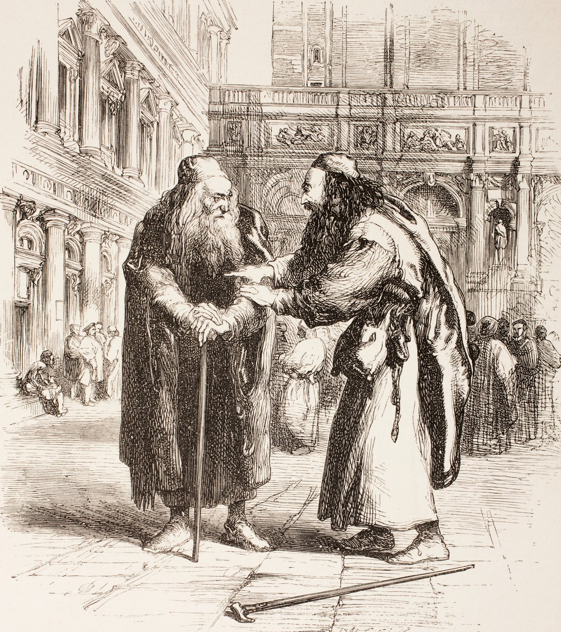 Ilustrace k Kupci benátskému, Shylock a Tubal se setkávají na ulici, dějství III, scéna I, z „The Illustrated Library Shakespeare“, vydané v Londýně 1890 od John Gilbert