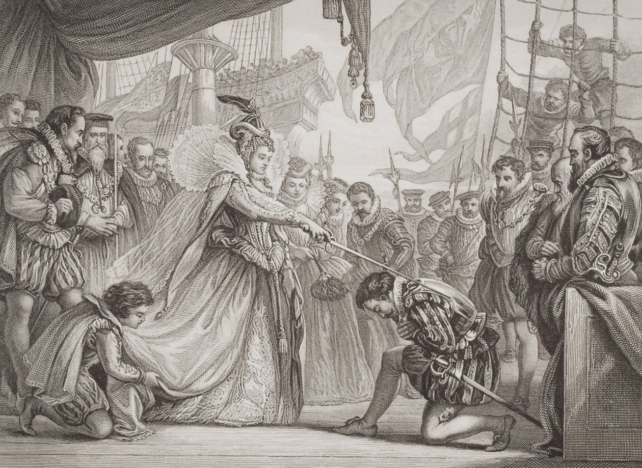Královna Alžběta I. (1530–1603) pasující na rytíře Francise Drakea (1540–96) z „Ilustrace anglické a skotské historie“ Volume I od John Gilbert