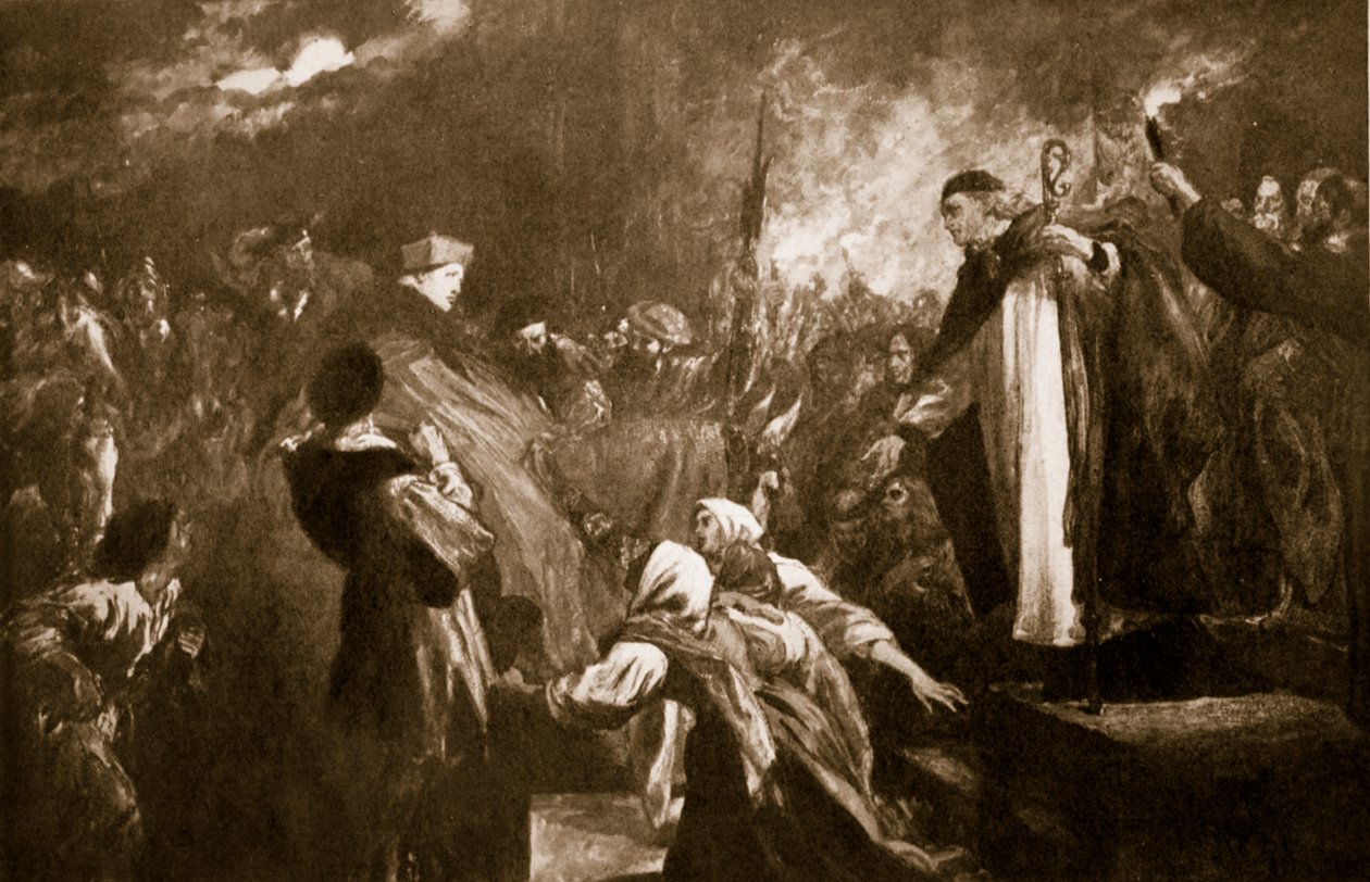 Příjezd kardinála Wolseyho do Leicesterského opatství, 1530, ilustrace z Hutchinsonova „Příběhu britského národa“, kolem roku 1920 od John Gilbert