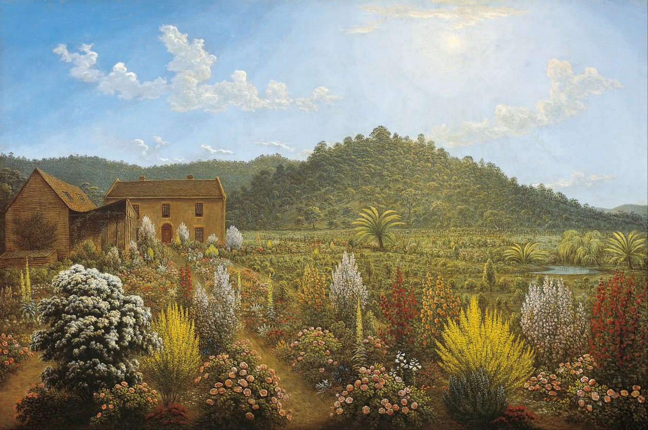 Pohled na umělcův dům a zahradu v Mills Plains, Van Diemen