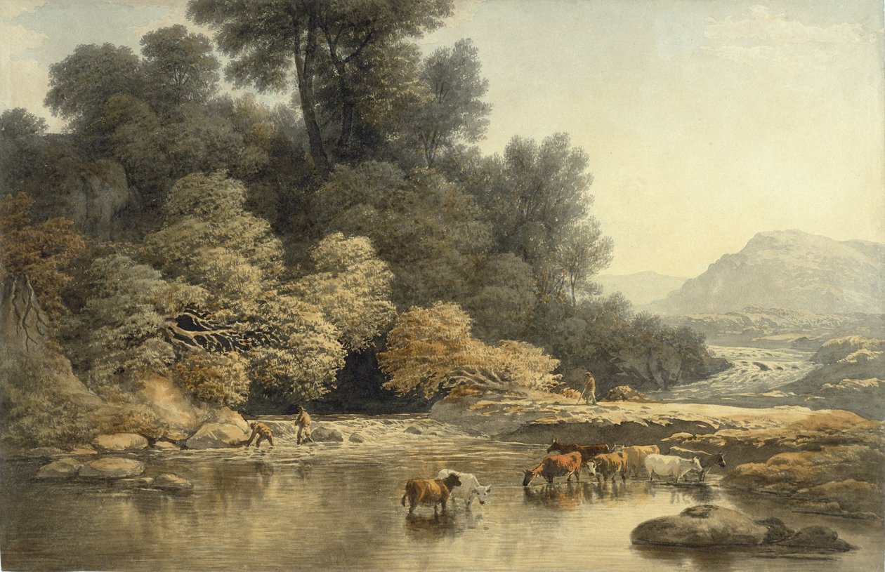 Kopcovitá krajina s řekou a dobytkem, cca 1810 (wc přes grafit na tkaném papíře) od John Glover