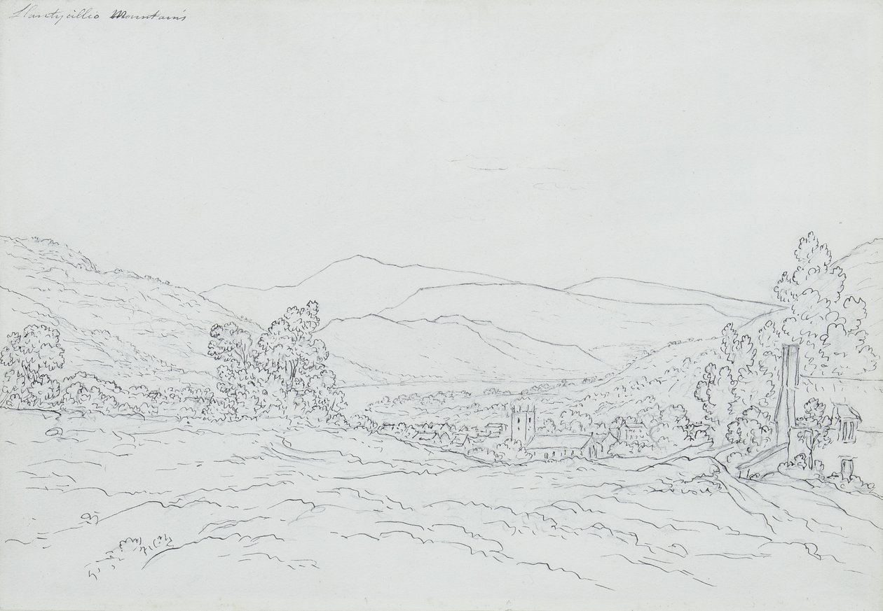 Llantysilio Mountain, Wales (tužka, pero a inkoust na papíře) od John Glover