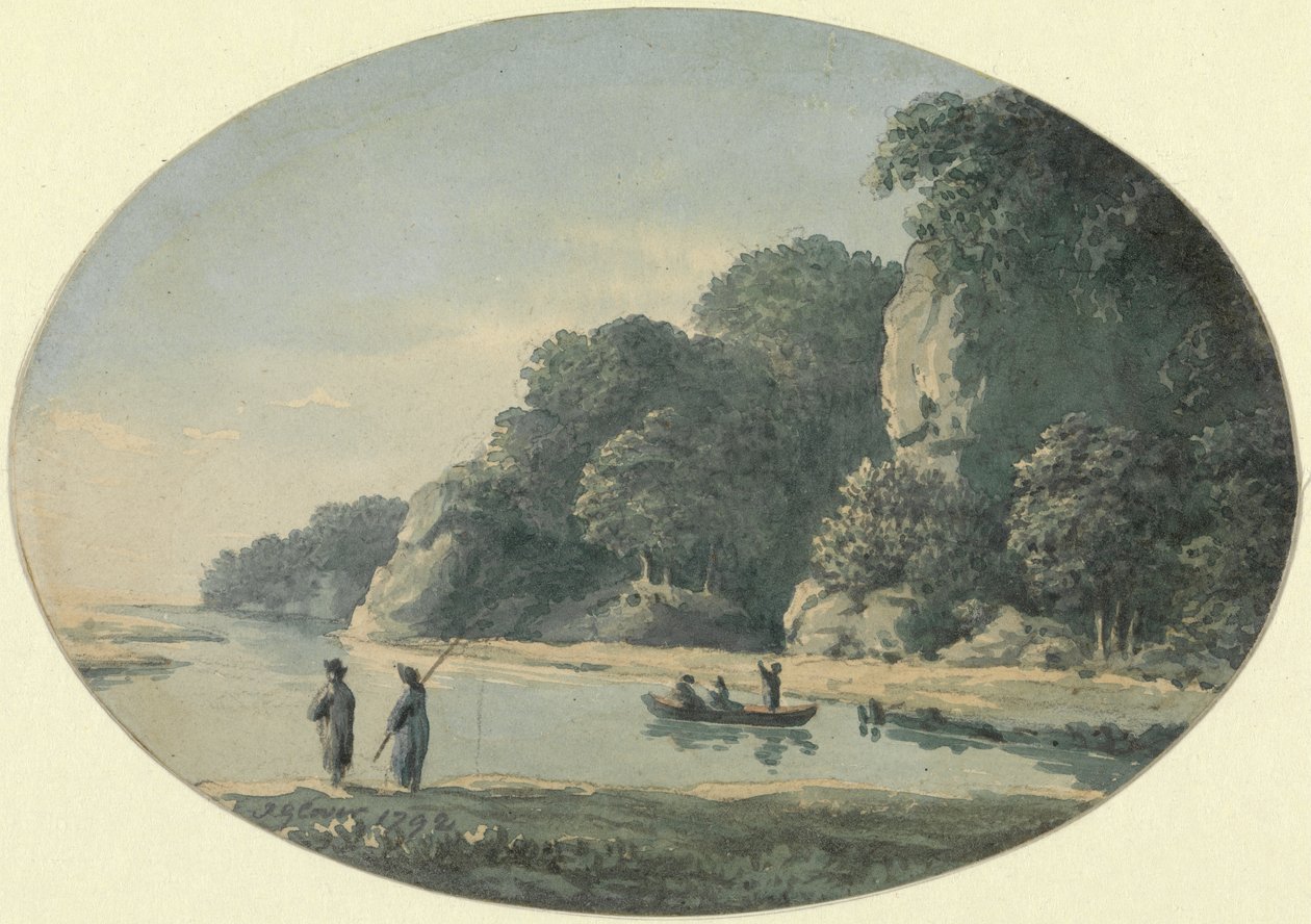 Řeka s rybářem, 1792 (wc přes grafit na papíře) od John Glover
