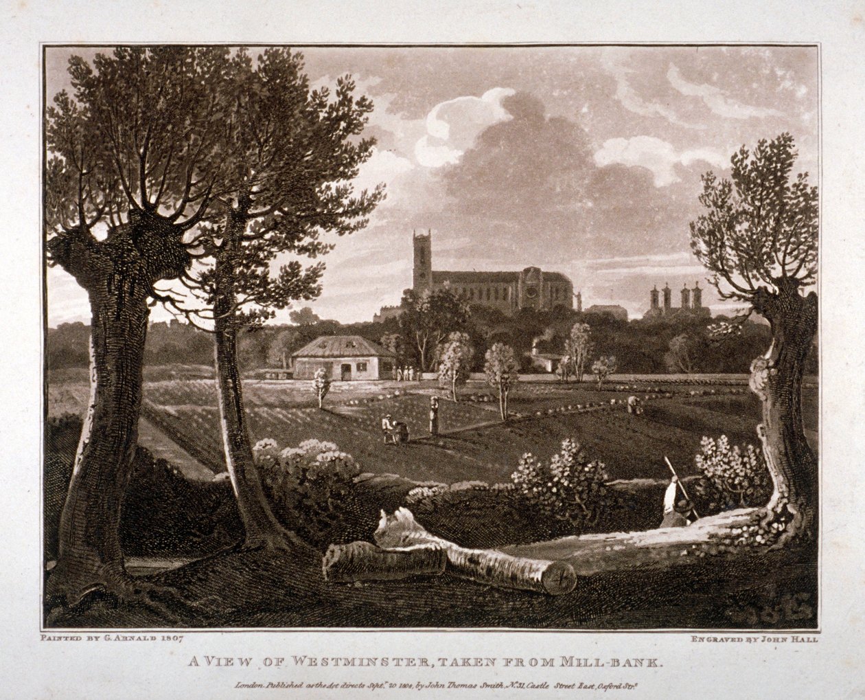 Pohled na Westminster při pohledu z Millbank, Londýn, 1807 od John Hall