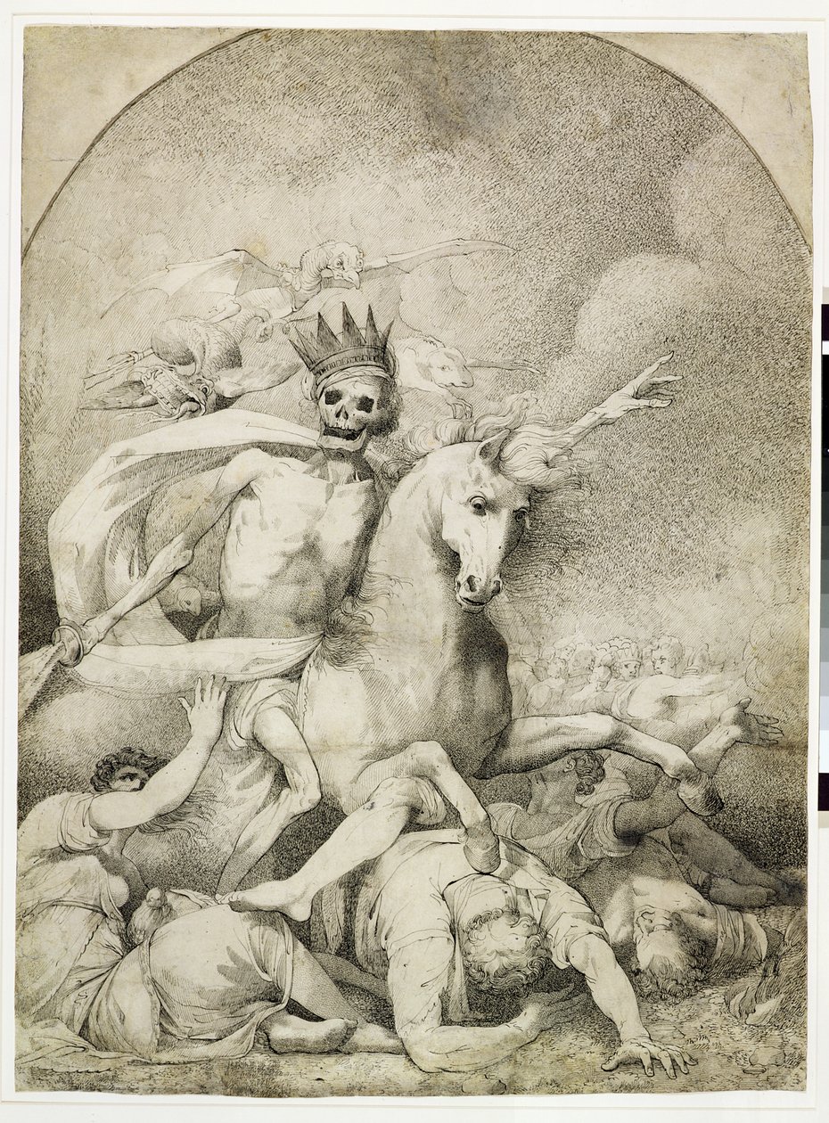 Smrt na bledém koni, kolem roku 1775 (pero a černý inkoust na tkaném papíře) od John Hamilton Mortimer
