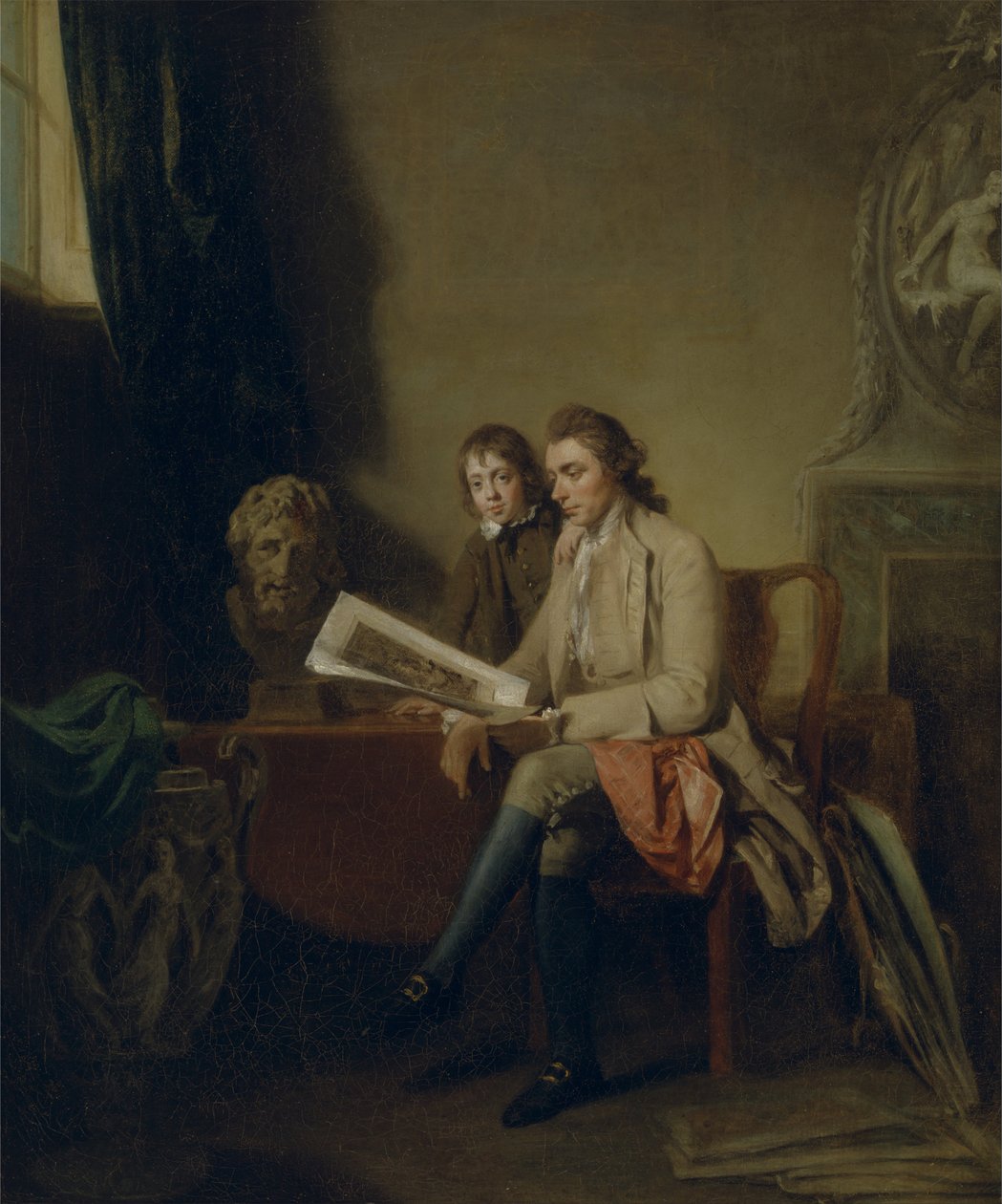 Portrét muže a chlapce, kteří si prohlížejí výtisky od John Hamilton Mortimer