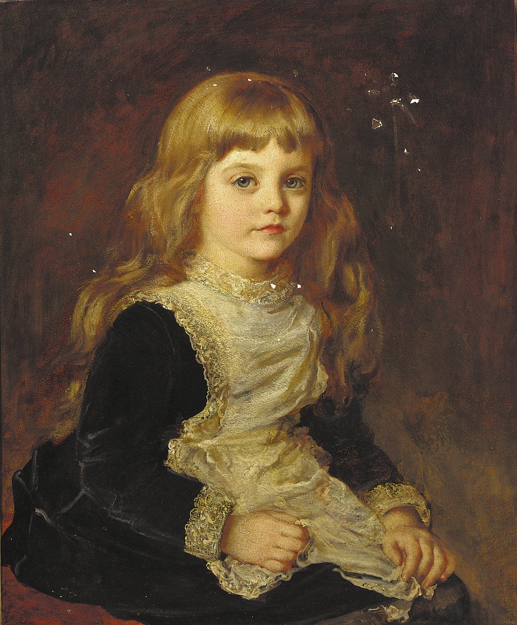 Portrét Sophie Beatrix Mary Cadoganové, sedící tříčtvrteční, v černých šatech s krajkou lemovanou zástěrou (olej na plátně) od John Hanson Walker