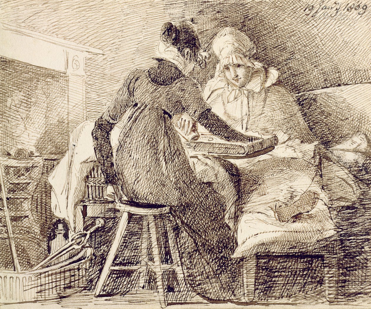 A Game of Backgammon, 19. ledna 1809 (pero a inkoust na papíře) od John Harden
