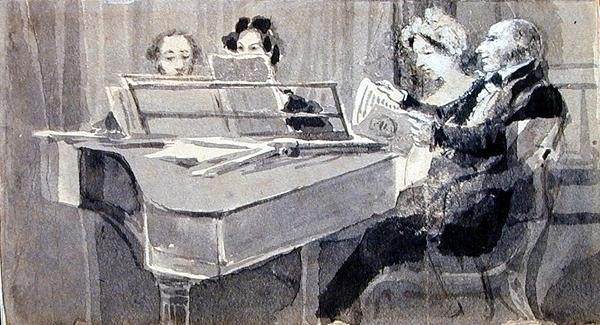 Hudební večer (akvarel a kvaš na papíře) od John Harden
