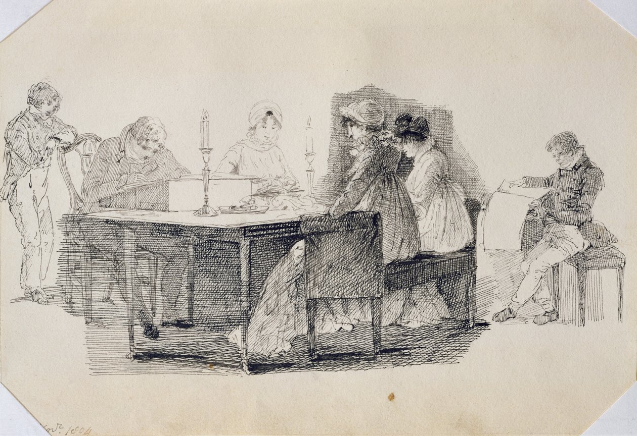 Večer doma, 1804 (pero a inkoust na papíře) od John Harden