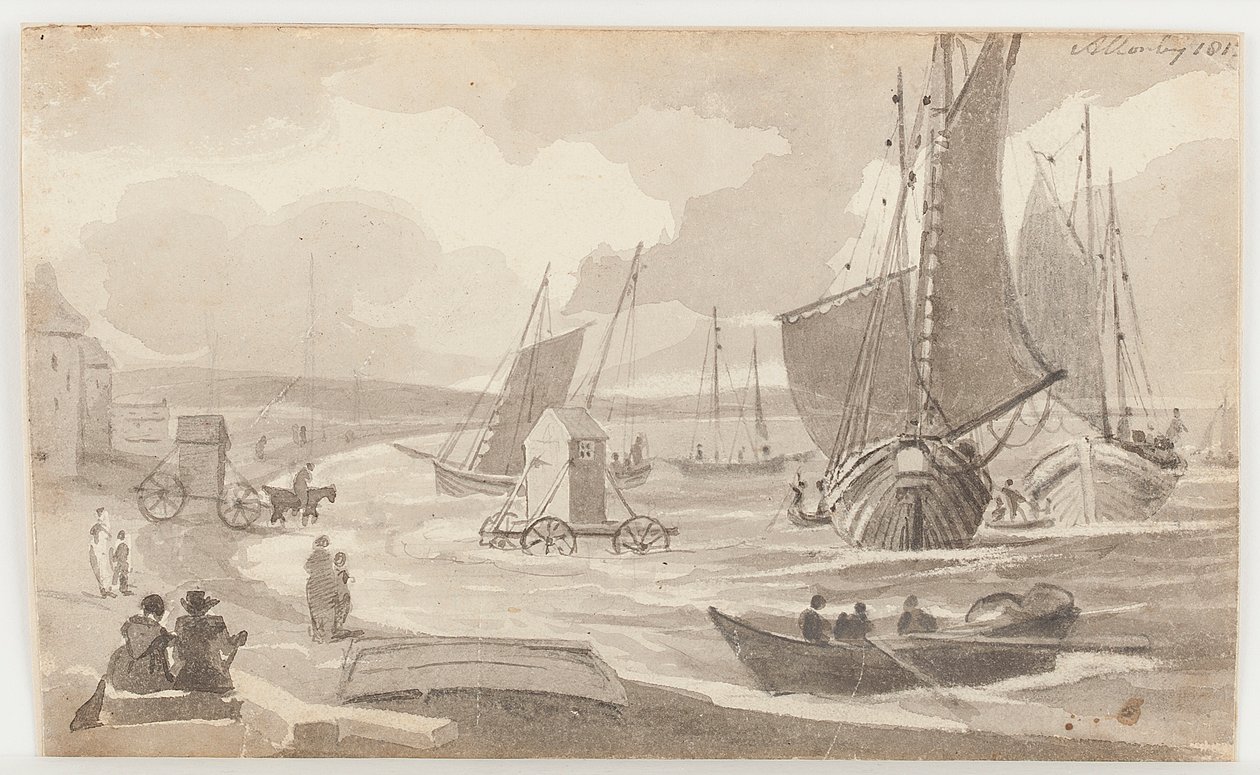 Koupací stroje v Allonby, Cumbria, 1812 (wc na papíře) od John Harden