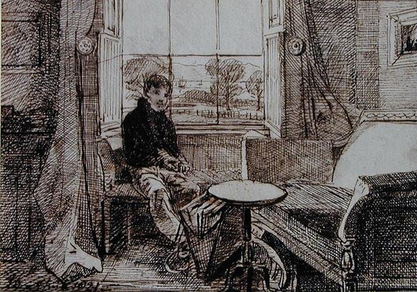 Chlapec sedící u okna (pero a inkoust na papíře) od John Harden