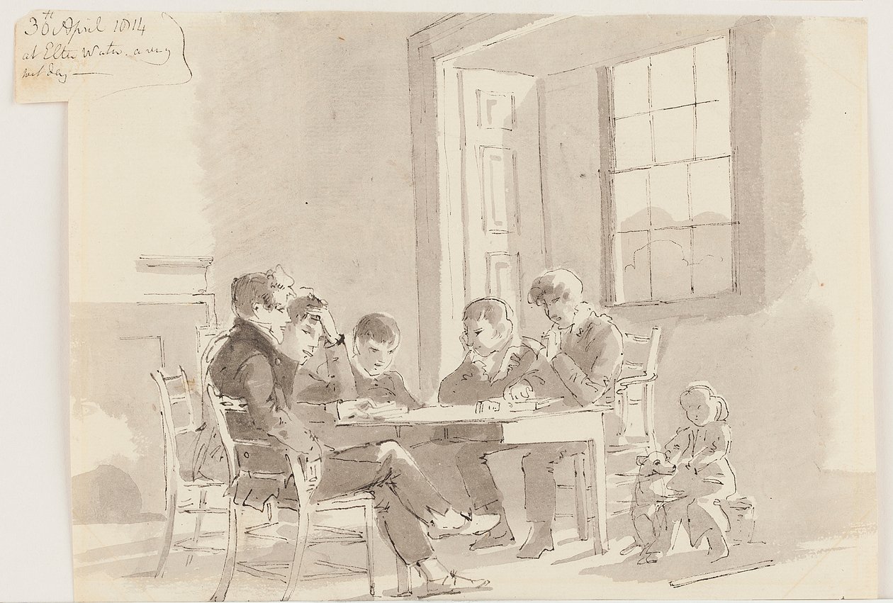 Chlapci čtou v Storrs, Elterwater, 1814 (pero a inkoust s mytím na papíře) od John Harden