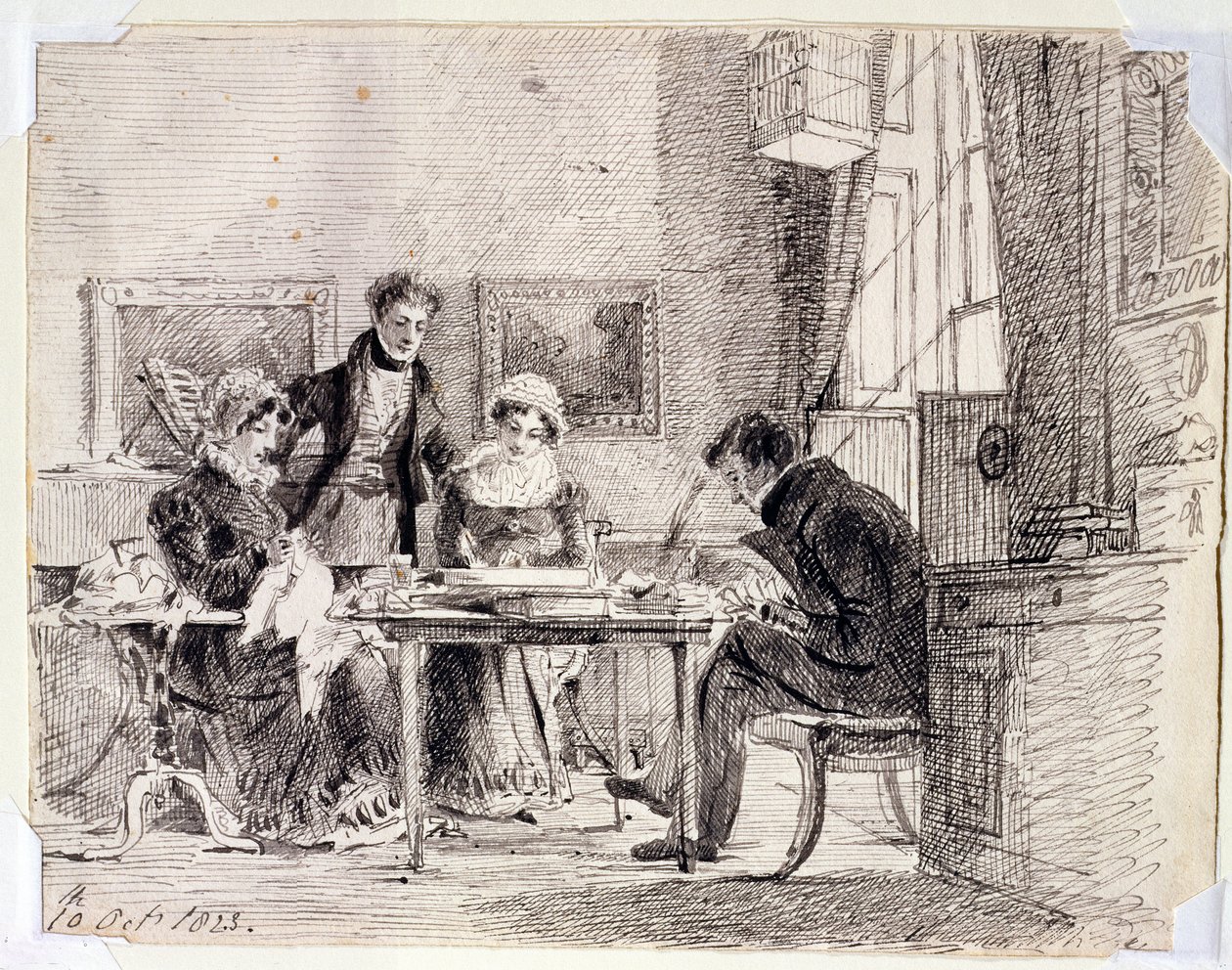 Rodinné skupinové šití a čtení, 10. října 1823 (pero a inkoust na papíře) od John Harden