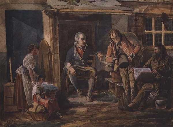 Skupina včetně vojáka za dveřmi chaty (akvarel na papíře) od John Harden
