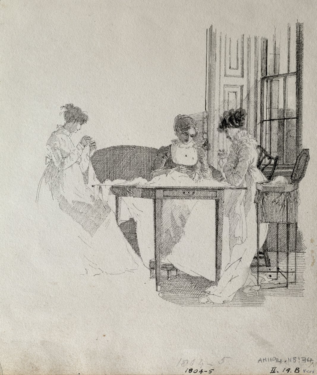 Dámské šití, 1805 (pero a inkoust na papíře) od John Harden