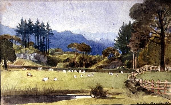 Langdale ze severního pobřeží Windermere (akvarel na papíře) od John Harden