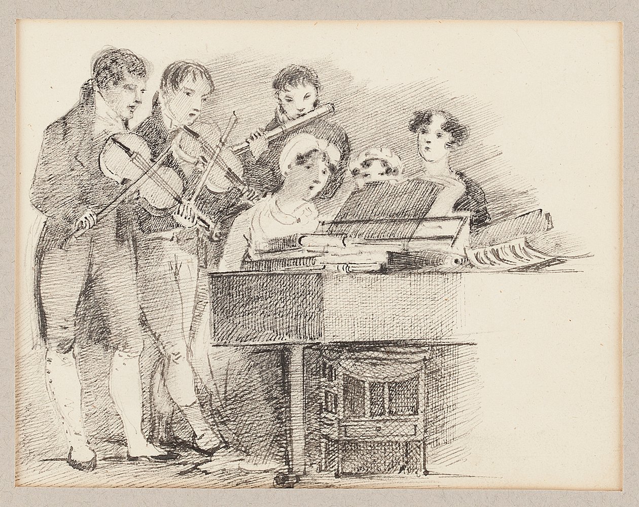 Pianista doprovázený houslisty a flétnistou od John Harden