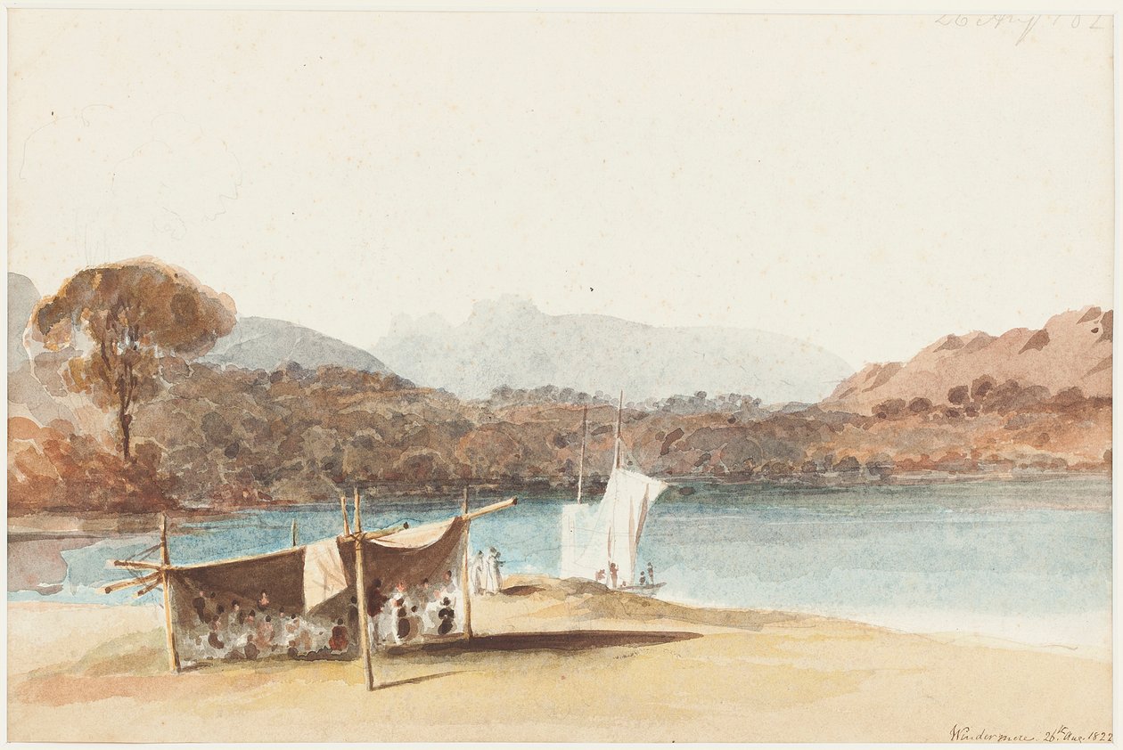 Piknik pod přístřeškem u jezera Windermere, 1822 (wc na papíře) od John Harden