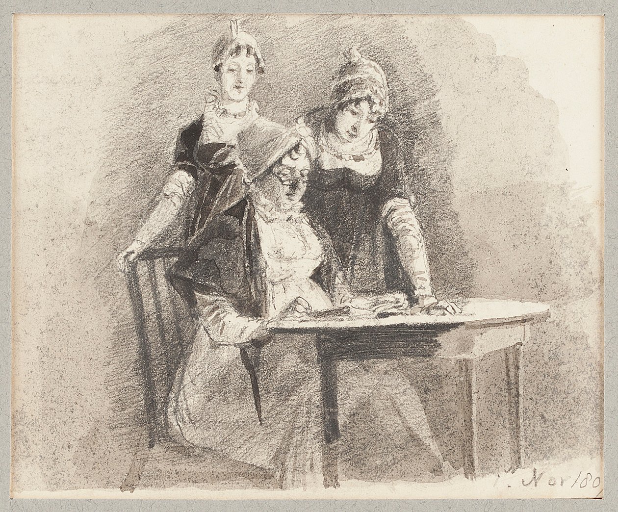 Tři u stolu, jeden sedící, 1807 (tužka a mytí na papíře) od John Harden